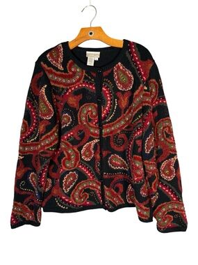 Coldwater Creek Cotton Linen Wool Paisley Textured Embroidered Cardigan Grandma
